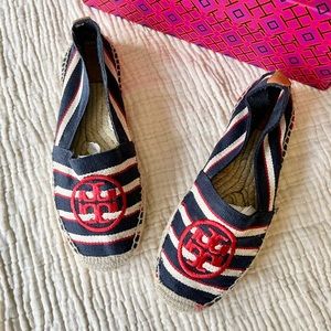 Tory Burch | Navy Blue and Red Stripe Logo Espadrille Flats